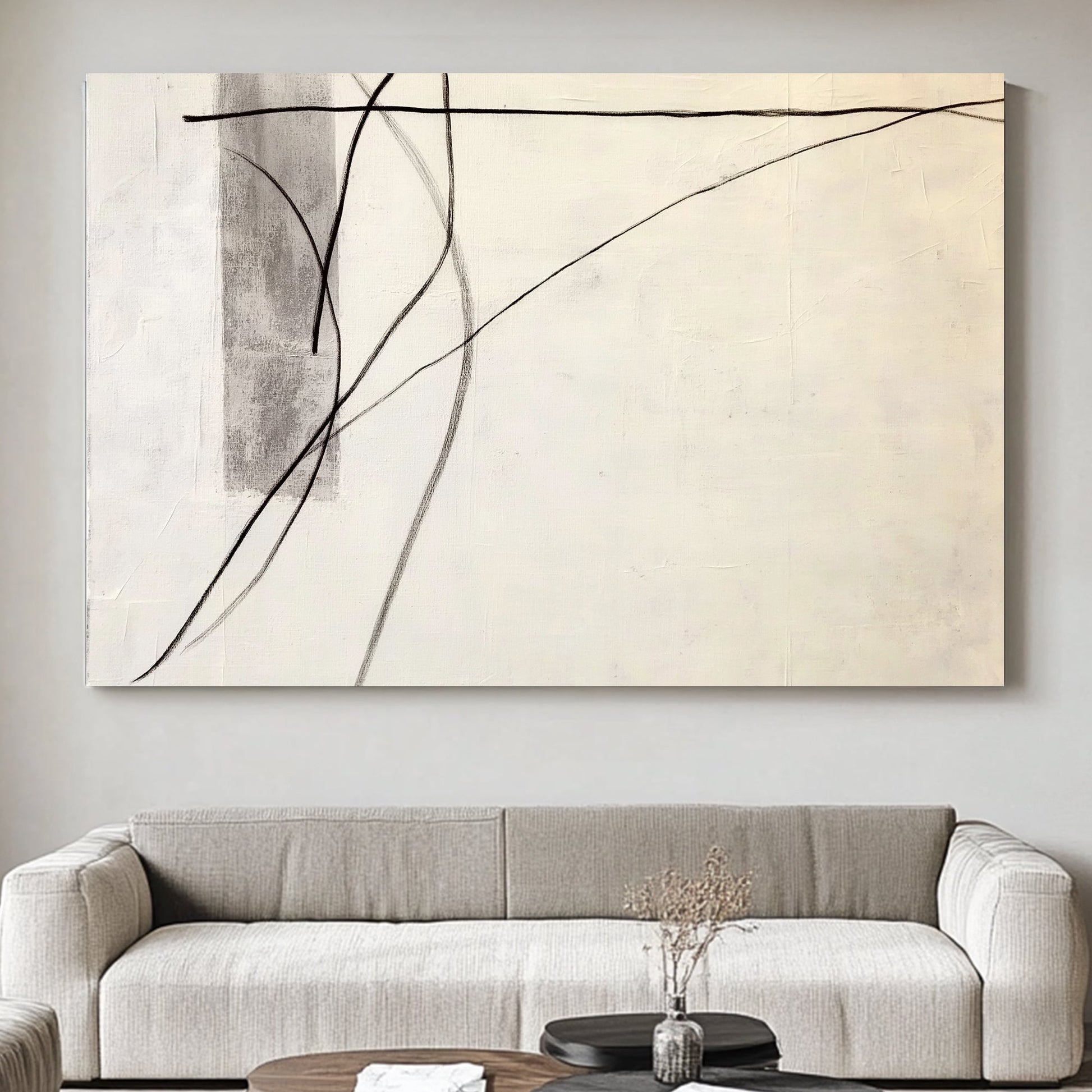 A delicate composition where soft grey tones meet precise, flowing black lines. Perfect for modern decor. canvas wall art abstract portrait landscape