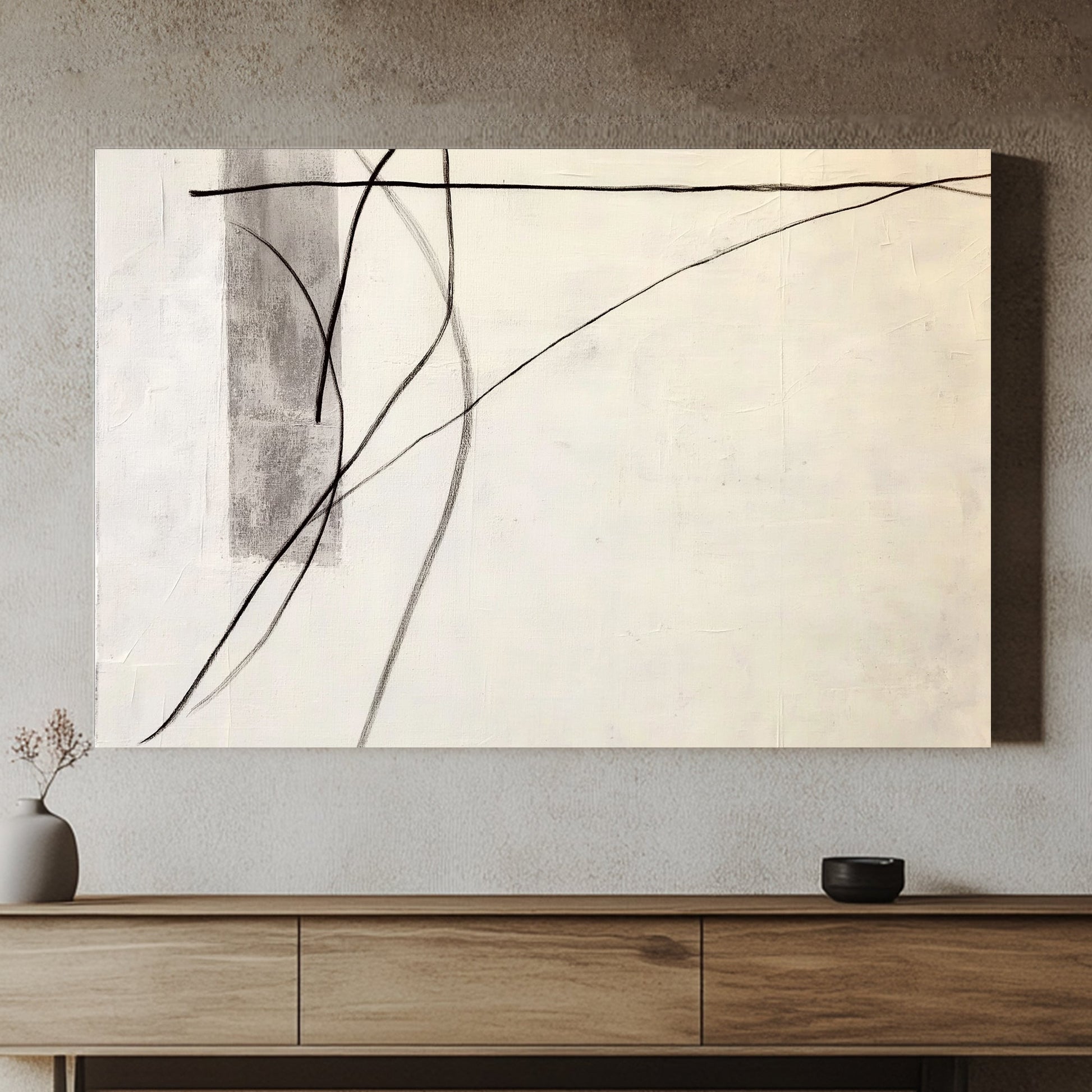 A delicate composition where soft grey tones meet precise, flowing black lines. Perfect for modern decor. canvas wall art abstract portrait landscape