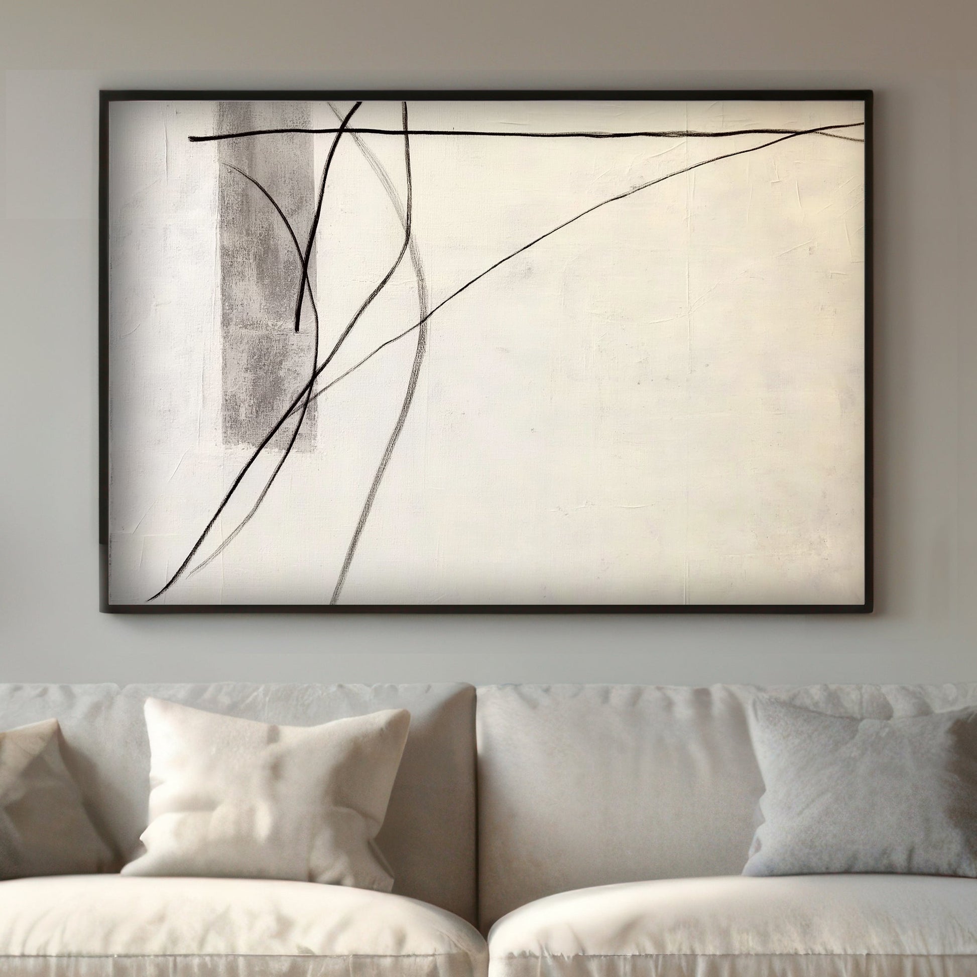 A delicate composition where soft grey tones meet precise, flowing black lines. Perfect for modern decor. canvas wall art abstract portrait landscape