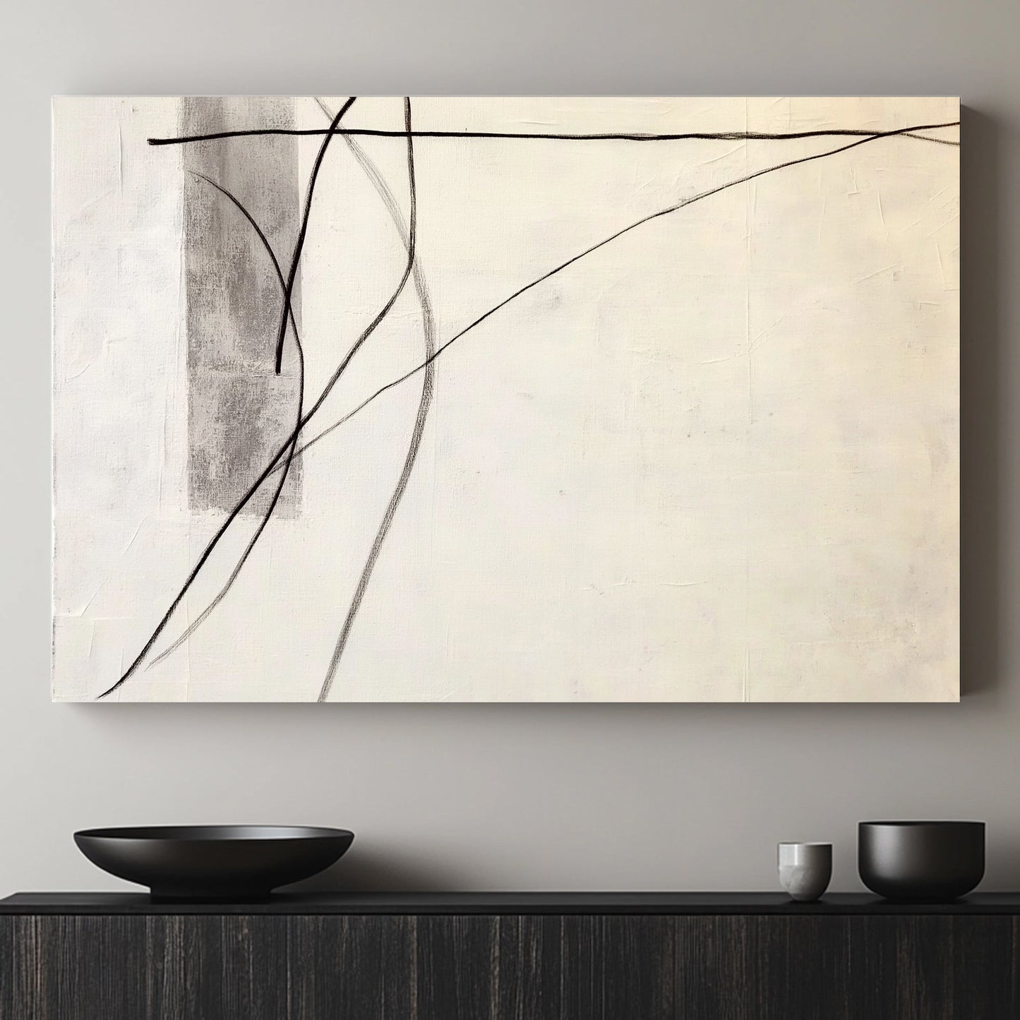 A delicate composition where soft grey tones meet precise, flowing black lines. Perfect for modern decor. canvas wall art abstract portrait landscape