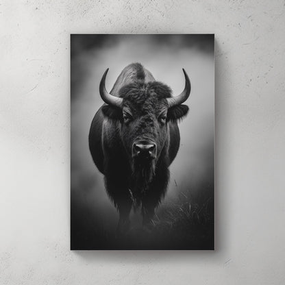 A striking monochrome portrait capturing the powerful presence of a bison, enveloped in mist. Perfect for modern decor. canvas wall art abstract landscape