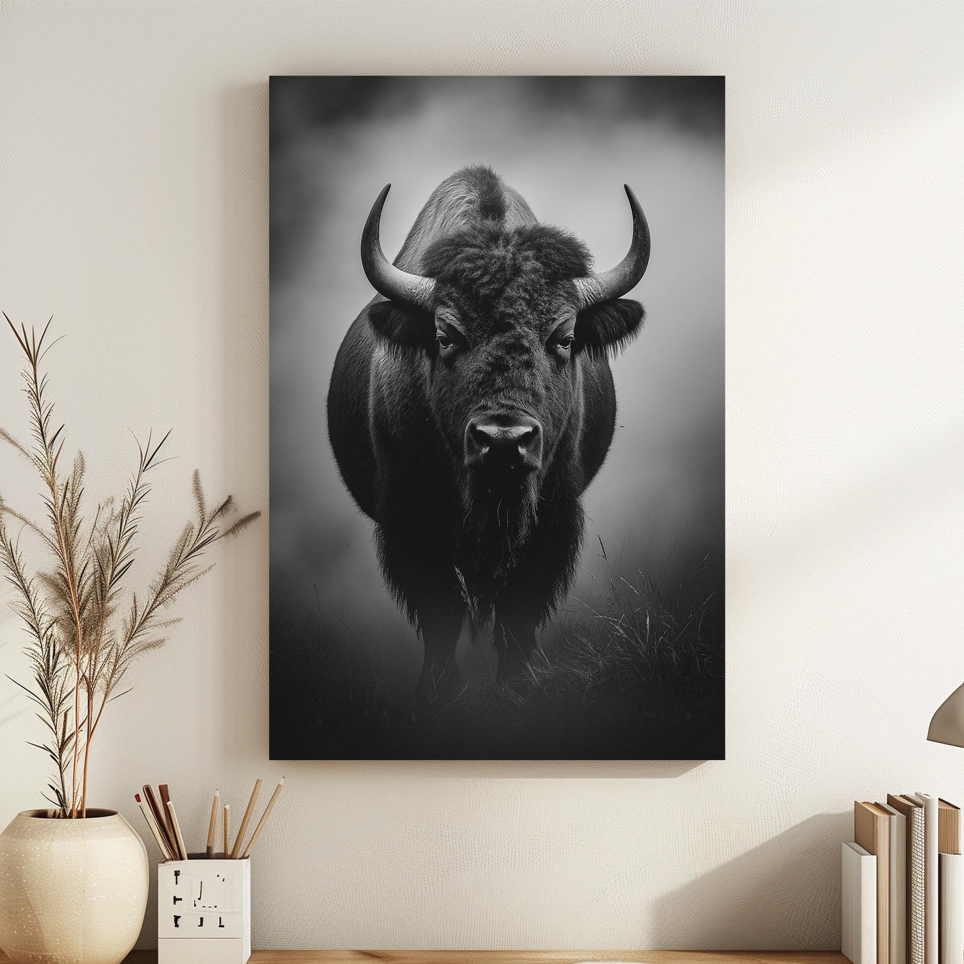 A striking monochrome portrait capturing the powerful presence of a bison, enveloped in mist. Perfect for modern decor. canvas wall art abstract landscape