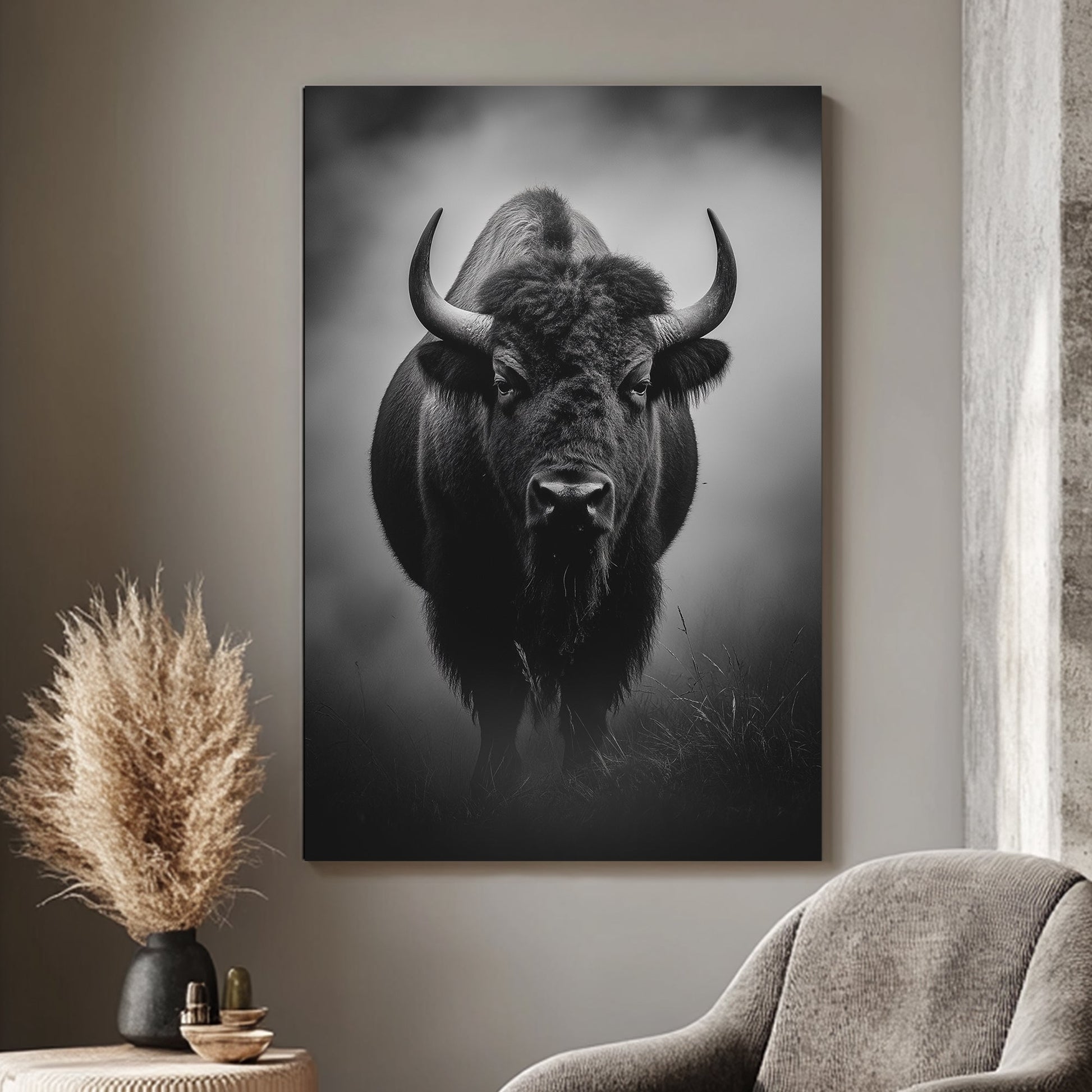 A striking monochrome portrait capturing the powerful presence of a bison, enveloped in mist. Perfect for modern decor. canvas wall art abstract landscape