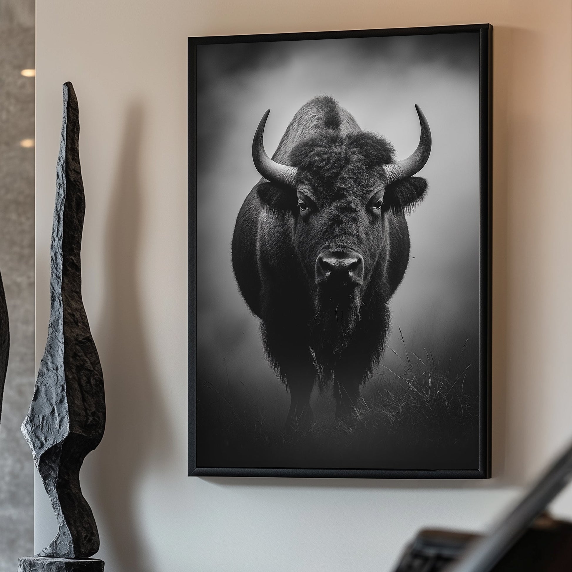 A striking monochrome portrait capturing the powerful presence of a bison, enveloped in mist. Perfect for modern decor. canvas wall art abstract landscape