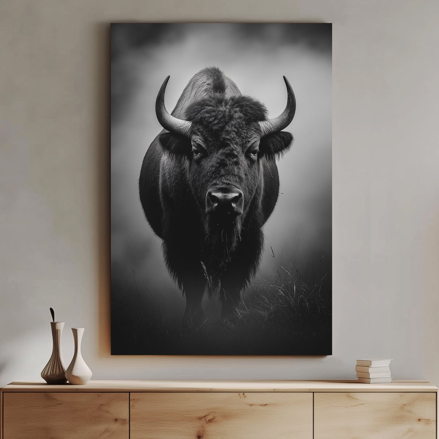 A striking monochrome portrait capturing the powerful presence of a bison, enveloped in mist. Perfect for modern decor. canvas wall art abstract landscape