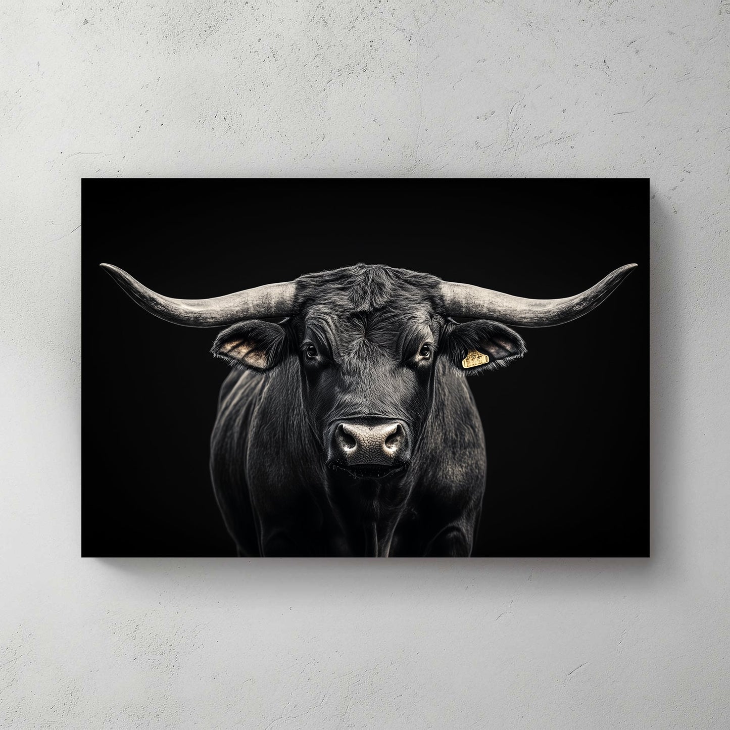 This striking black and white portrait captures the imposing presence of a bull against a deep, dark background. Perfect for modern decor. canvas wall art abstract landscape