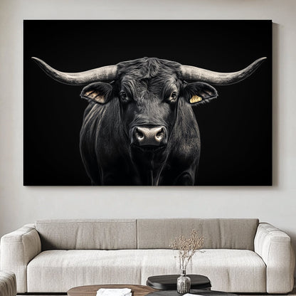 This striking black and white portrait captures the imposing presence of a bull against a deep, dark background. Perfect for modern decor. canvas wall art abstract landscape