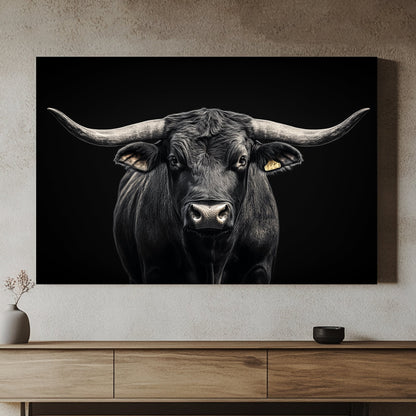 This striking black and white portrait captures the imposing presence of a bull against a deep, dark background. Perfect for modern decor. canvas wall art abstract landscape