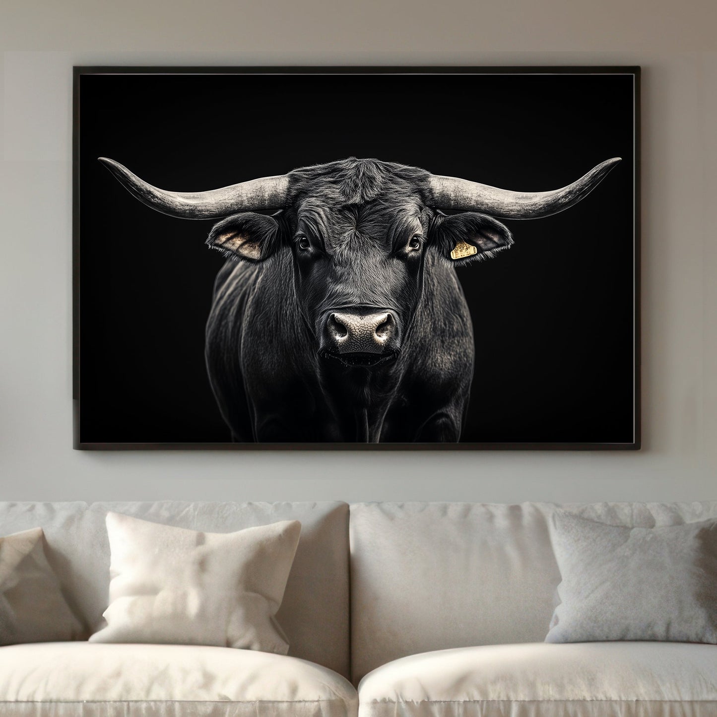 This striking black and white portrait captures the imposing presence of a bull against a deep, dark background. Perfect for modern decor. canvas wall art abstract landscape