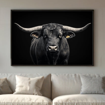 This striking black and white portrait captures the imposing presence of a bull against a deep, dark background. Perfect for modern decor. canvas wall art abstract landscape