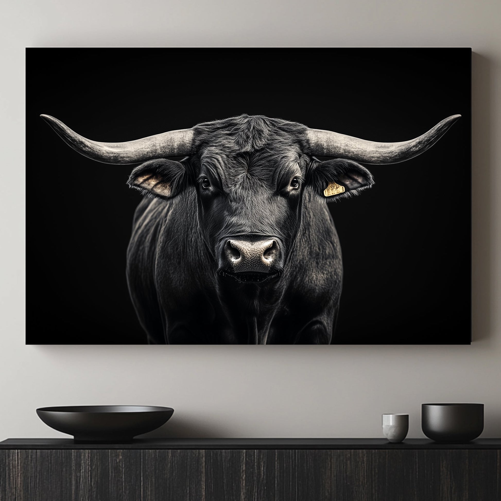 This striking black and white portrait captures the imposing presence of a bull against a deep, dark background. Perfect for modern decor. canvas wall art abstract landscape