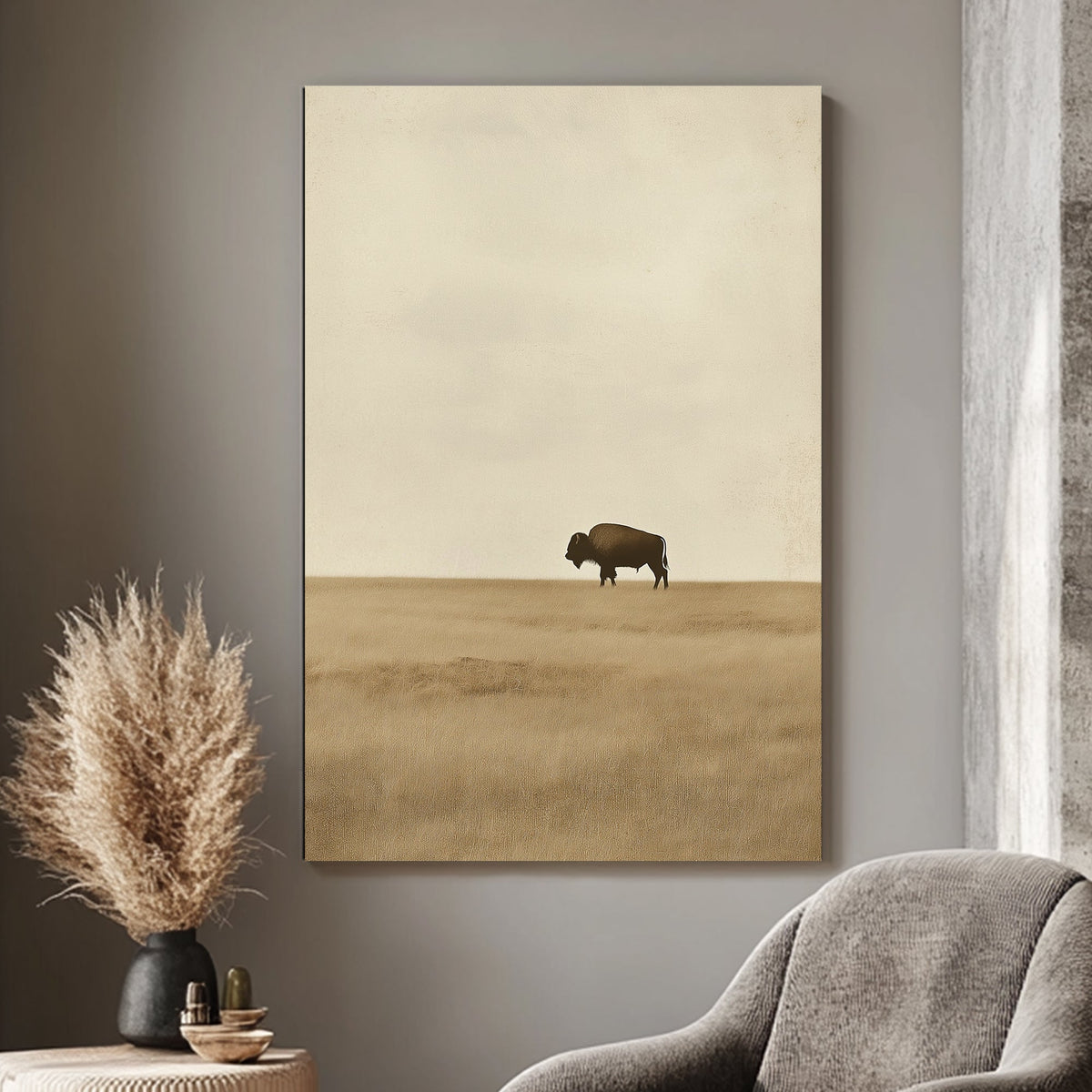 A solitary bison stands quietly against the vast, sepia-toned plains. Perfect for modern decor. canvas wall art abstract portrait landscape