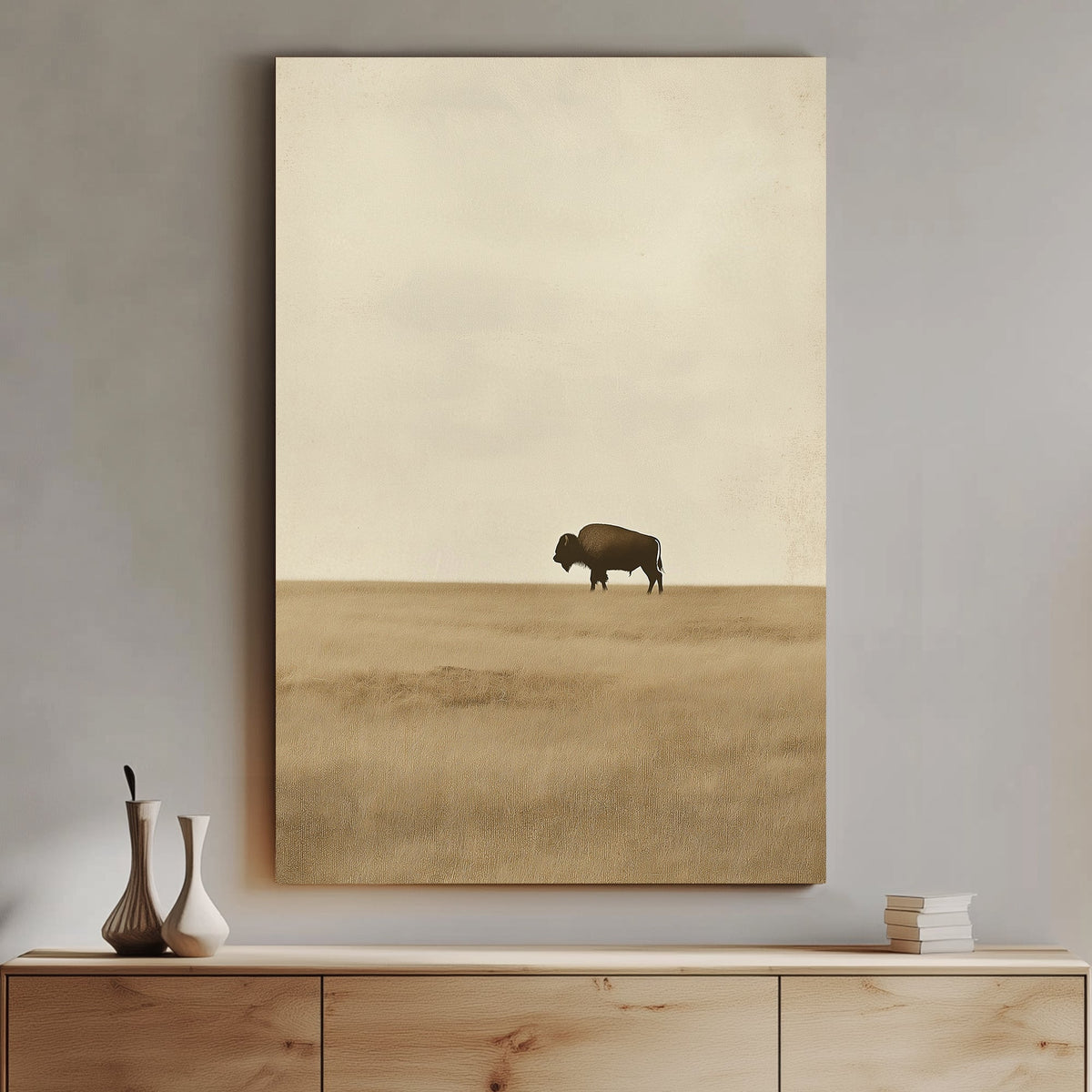 A solitary bison stands quietly against the vast, sepia-toned plains. Perfect for modern decor. canvas wall art abstract portrait landscape