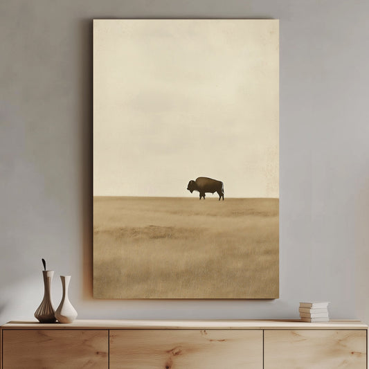 A solitary bison stands quietly against the vast, sepia-toned plains. Perfect for modern decor. canvas wall art abstract portrait landscape