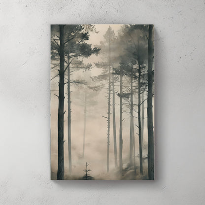 Tall, slender pine trees emerge from a soft, misty haze, creating a tranquil forest scene. Perfect for modern decor. canvas wall art abstract portrait landscape