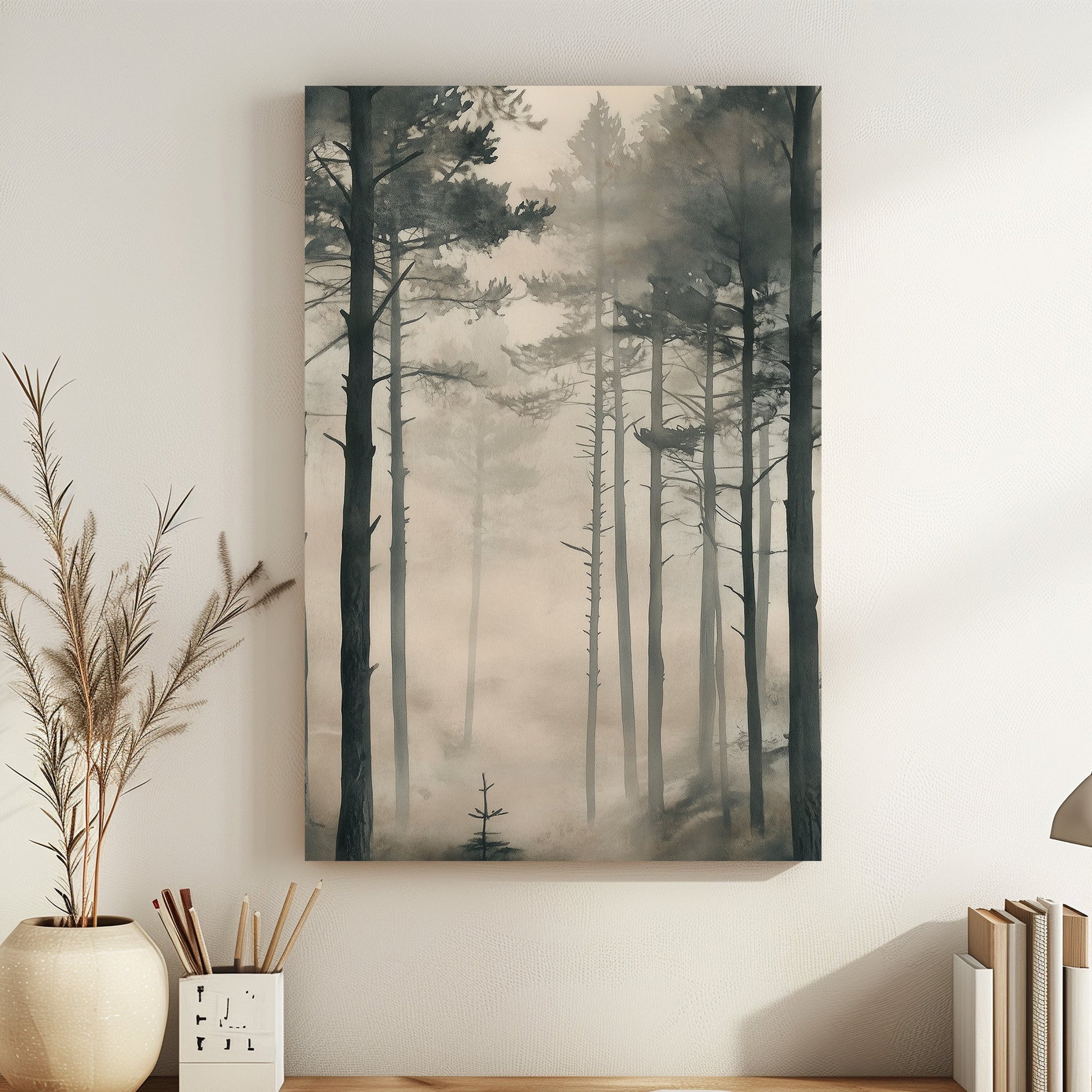 Tall, slender pine trees emerge from a soft, misty haze, creating a tranquil forest scene. Perfect for modern decor. canvas wall art abstract portrait landscape