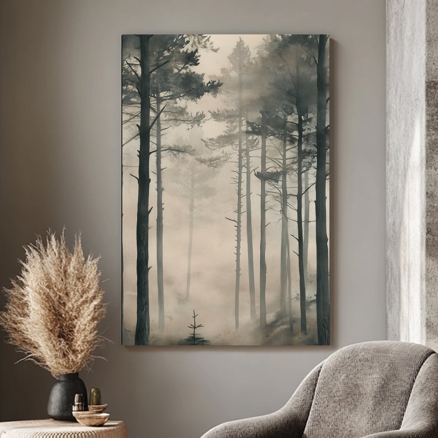 Tall, slender pine trees emerge from a soft, misty haze, creating a tranquil forest scene. Perfect for modern decor. canvas wall art abstract portrait landscape