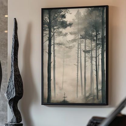 Tall, slender pine trees emerge from a soft, misty haze, creating a tranquil forest scene. Perfect for modern decor. canvas wall art abstract portrait landscape