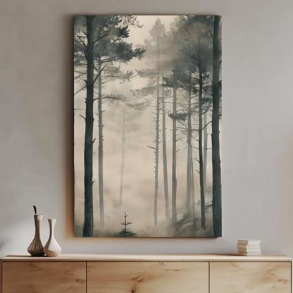 Tall, slender pine trees emerge from a soft, misty haze, creating a tranquil forest scene. Perfect for modern decor. canvas wall art abstract portrait landscape