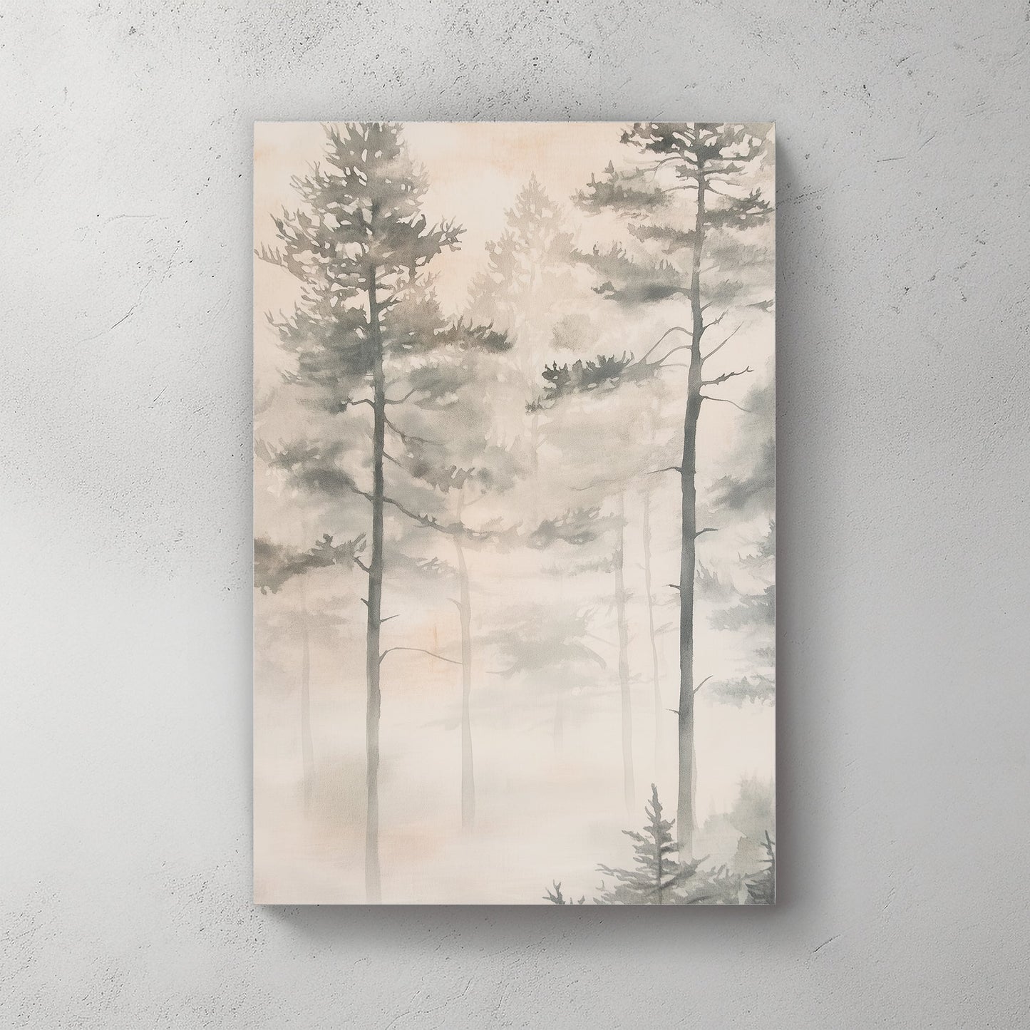 Soft, ethereal fog blankets a serene forest, with tall pine trees fading gently into the mist. Perfect for modern decor. canvas wall art abstract portrait landscape