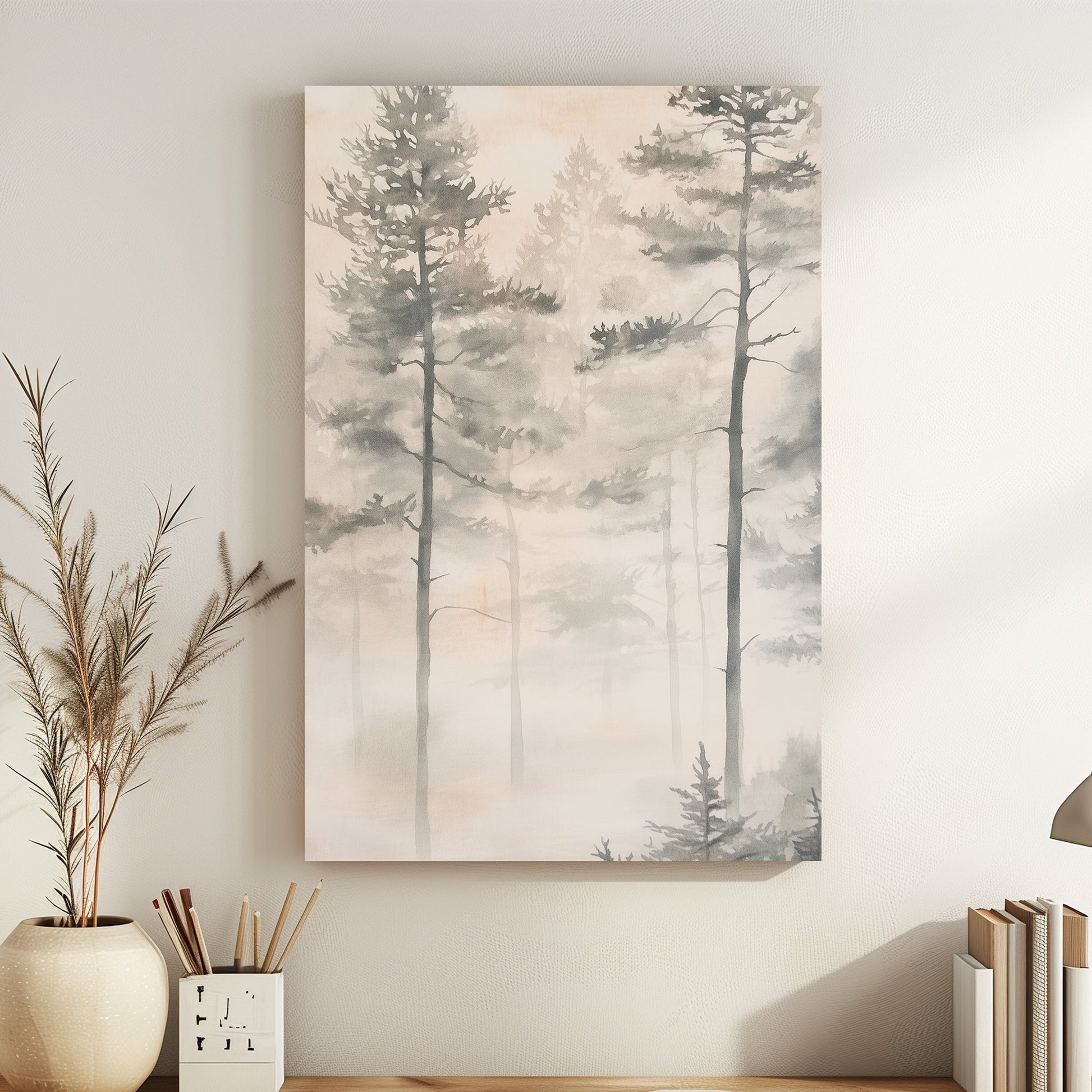 Soft, ethereal fog blankets a serene forest, with tall pine trees fading gently into the mist. Perfect for modern decor. canvas wall art abstract portrait landscape