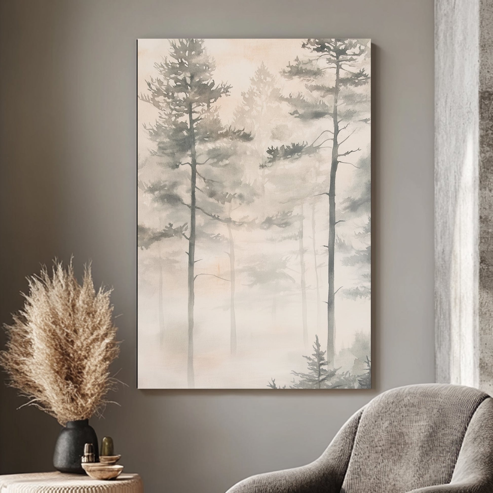 Soft, ethereal fog blankets a serene forest, with tall pine trees fading gently into the mist. Perfect for modern decor. canvas wall art abstract portrait landscape