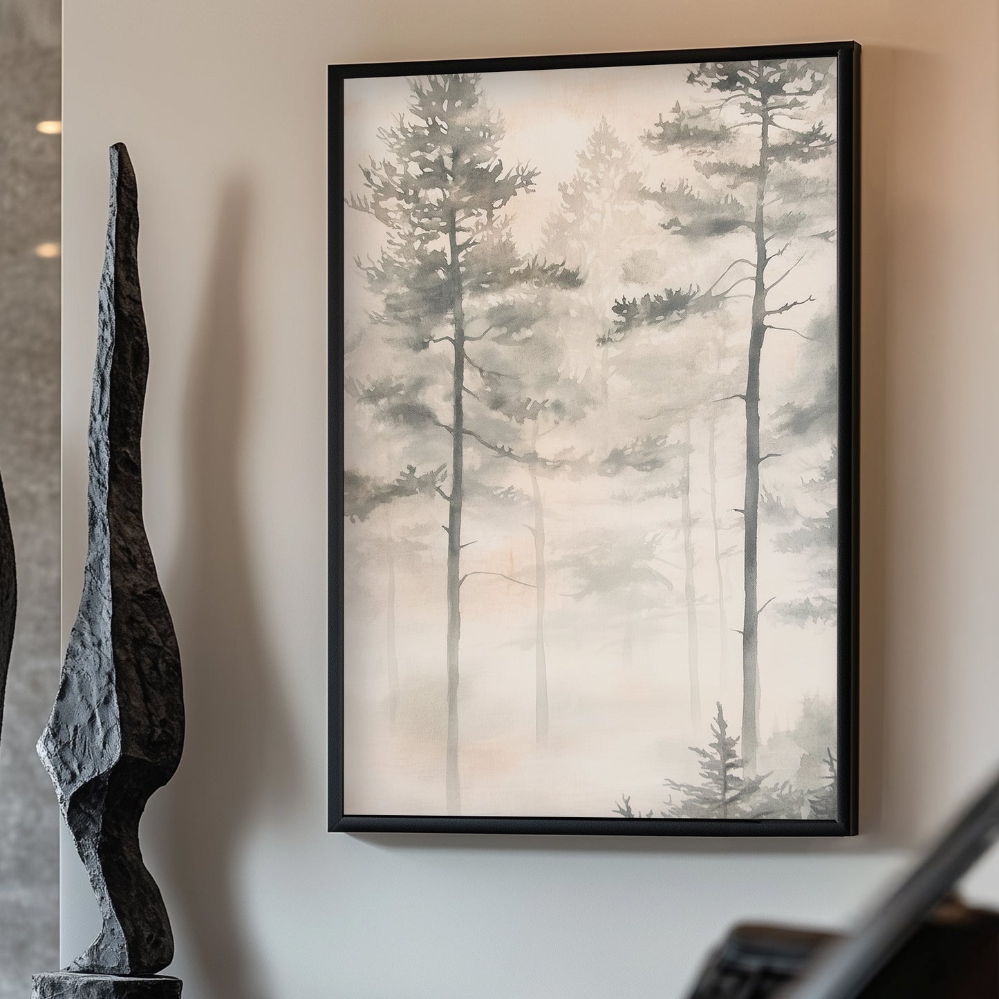 Soft, ethereal fog blankets a serene forest, with tall pine trees fading gently into the mist. Perfect for modern decor. canvas wall art abstract portrait landscape