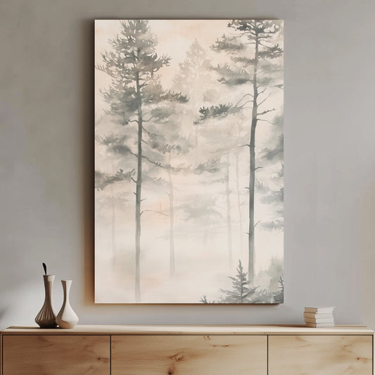 Soft, ethereal fog blankets a serene forest, with tall pine trees fading gently into the mist. Perfect for modern decor. canvas wall art abstract portrait landscape