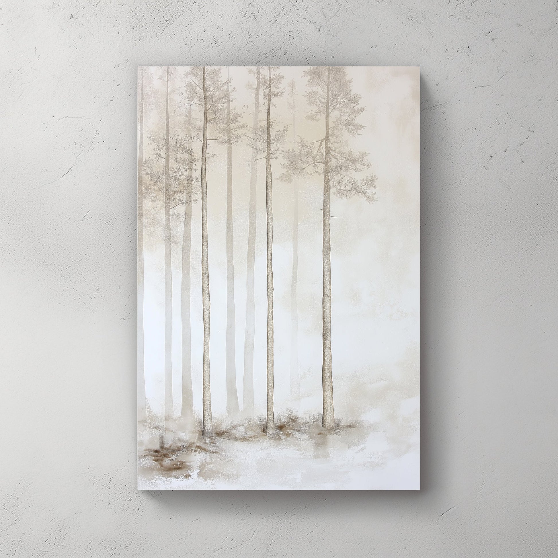 In a soft, ethereal mist, slender pine trees rise gracefully, their forms gently fading. Perfect for modern decor. canvas wall art abstract portrait landscape