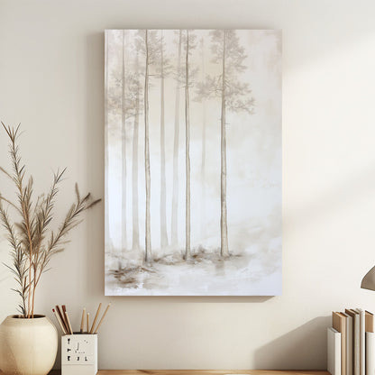 In a soft, ethereal mist, slender pine trees rise gracefully, their forms gently fading. Perfect for modern decor. canvas wall art abstract portrait landscape