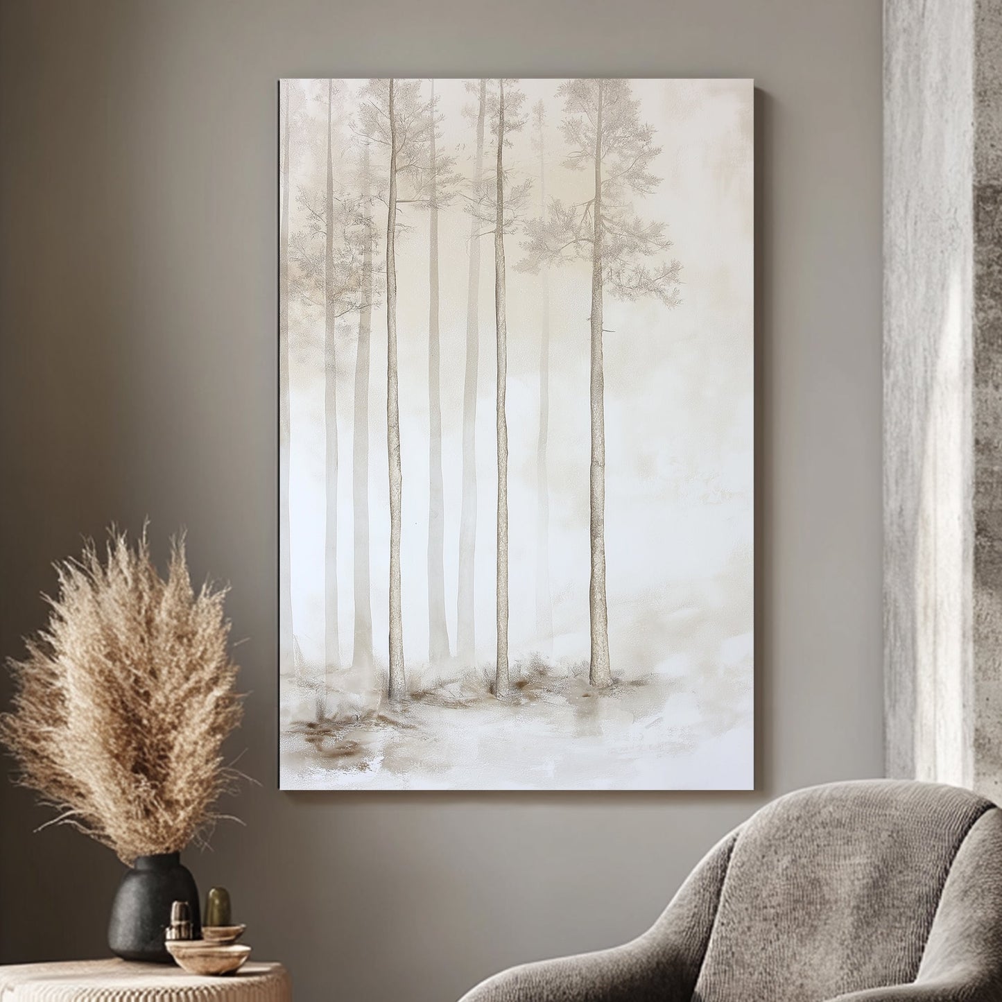 In a soft, ethereal mist, slender pine trees rise gracefully, their forms gently fading. Perfect for modern decor. canvas wall art abstract portrait landscape