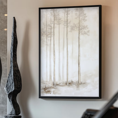 In a soft, ethereal mist, slender pine trees rise gracefully, their forms gently fading. Perfect for modern decor. canvas wall art abstract portrait landscape