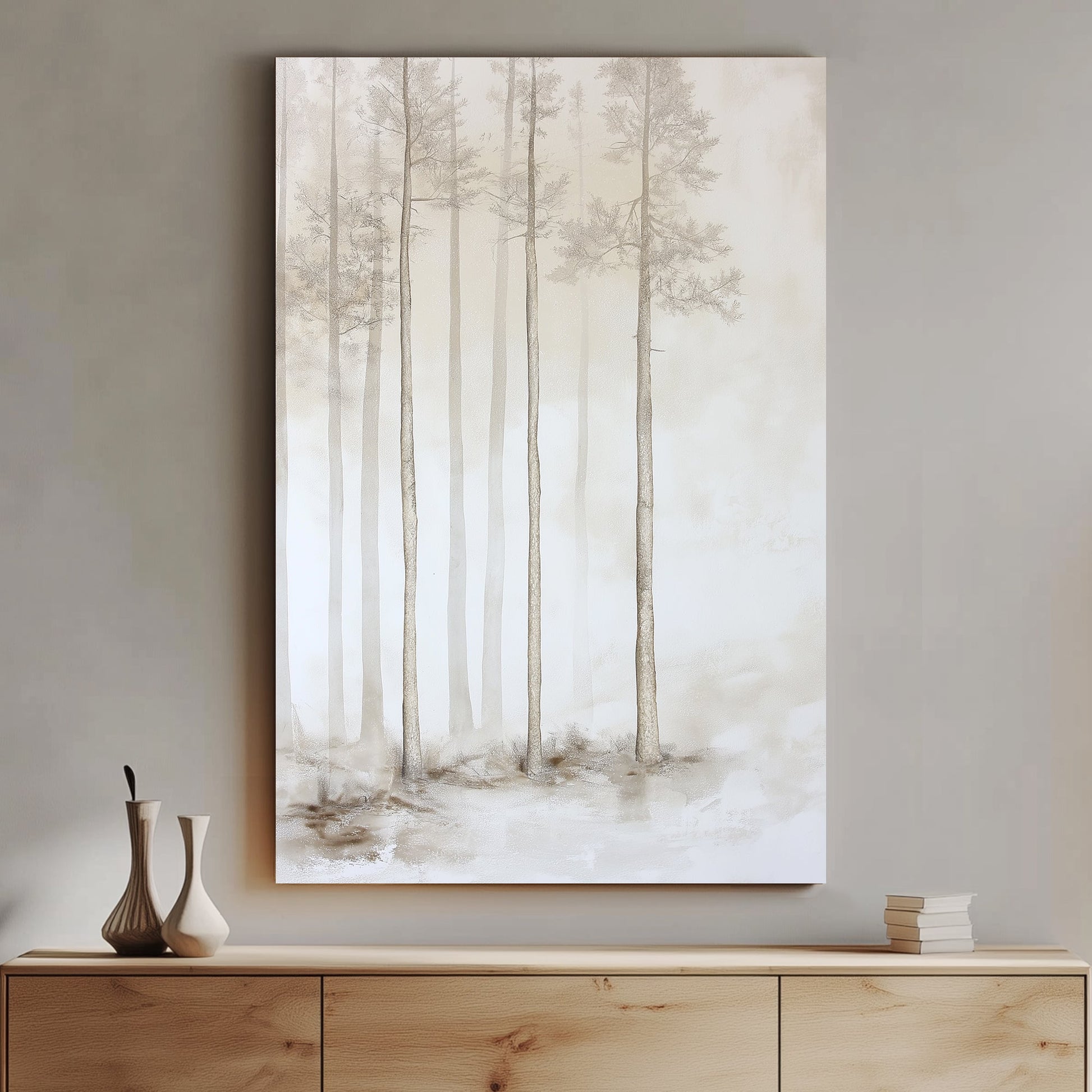 In a soft, ethereal mist, slender pine trees rise gracefully, their forms gently fading. Perfect for modern decor. canvas wall art abstract portrait landscape