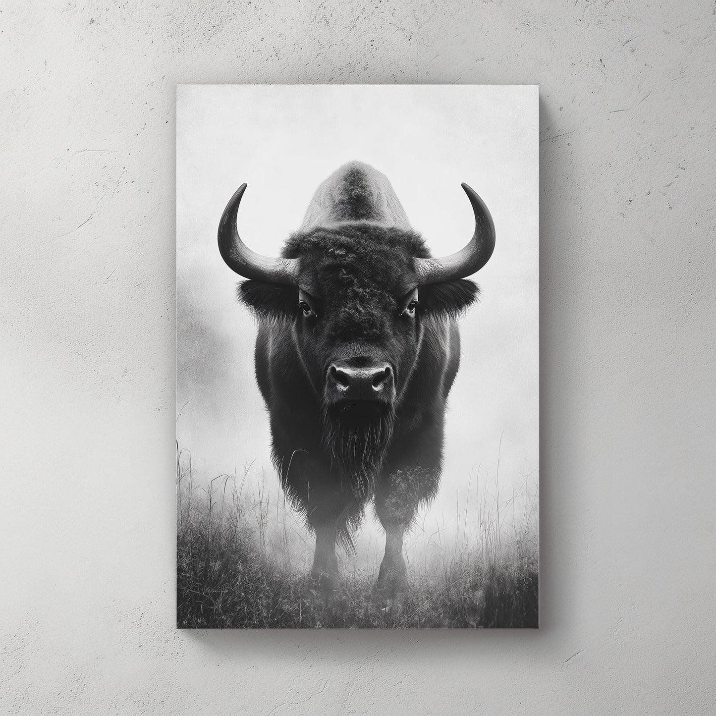 A powerful bison stands in the mist, its form emerging from the fog with a calm yet intense presence. Perfect for modern decor. canvas wall art abstract portrait landscape