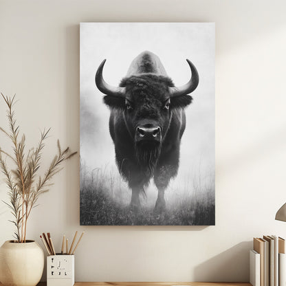 A powerful bison stands in the mist, its form emerging from the fog with a calm yet intense presence. Perfect for modern decor. canvas wall art abstract portrait landscape