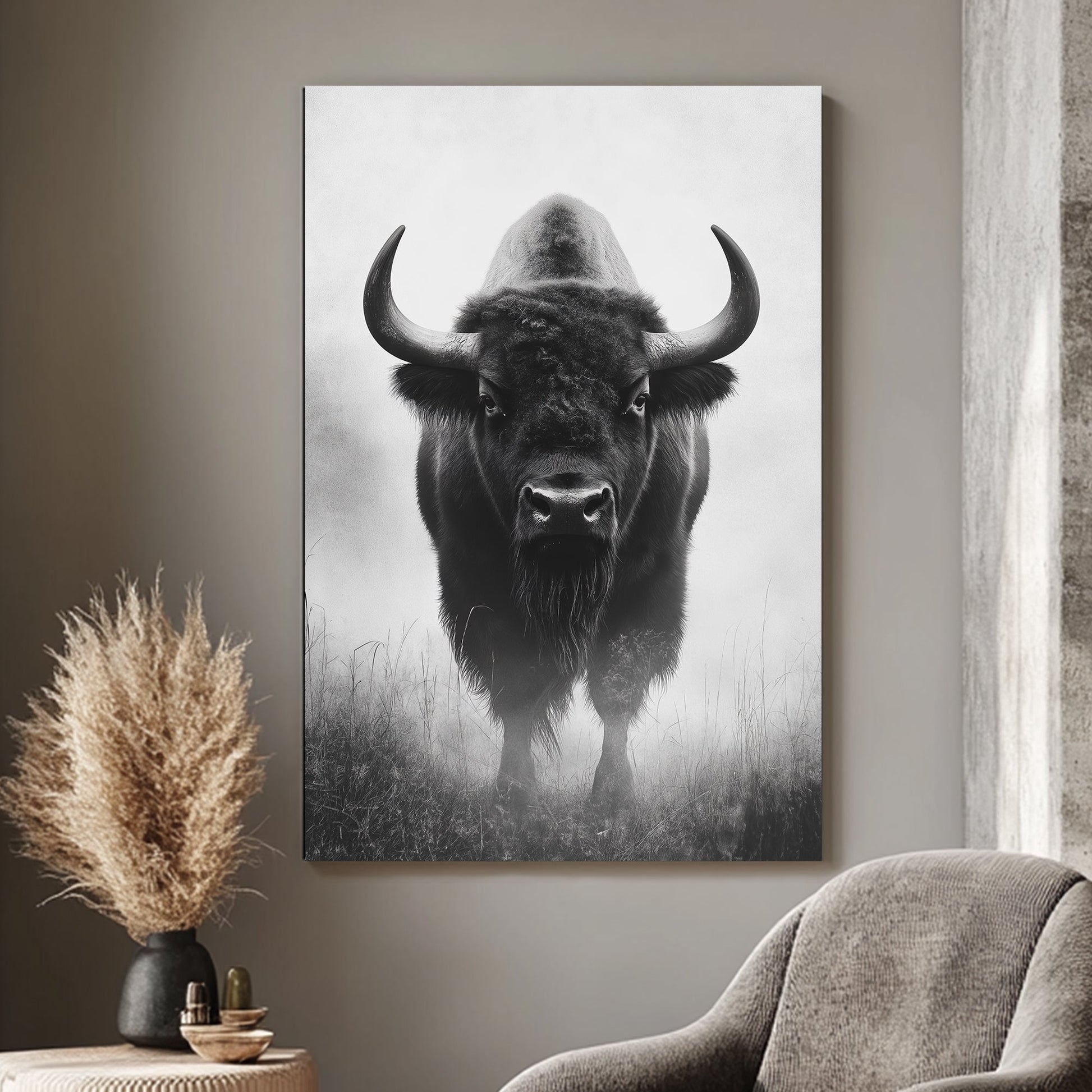 A powerful bison stands in the mist, its form emerging from the fog with a calm yet intense presence. Perfect for modern decor. canvas wall art abstract portrait landscape