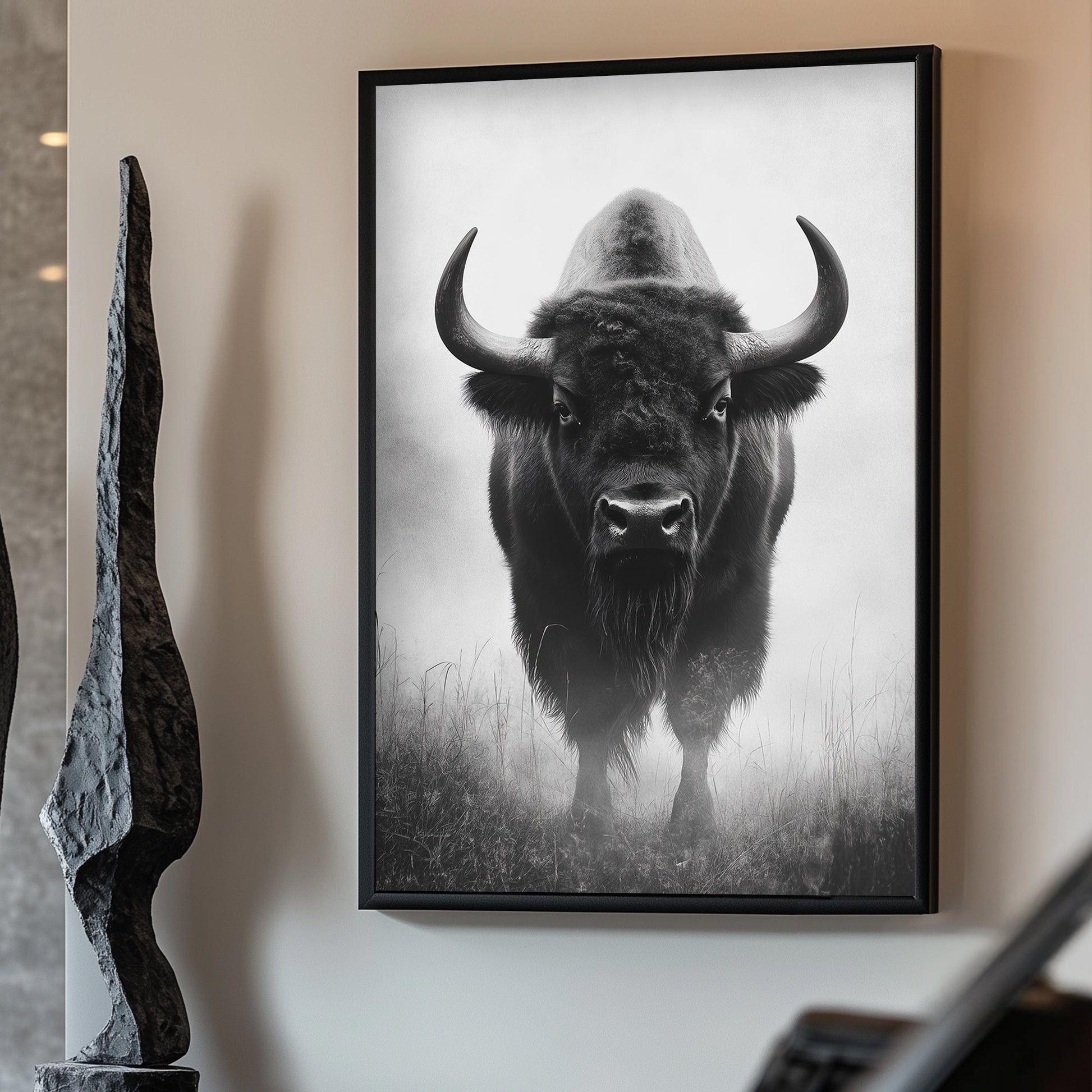 A powerful bison stands in the mist, its form emerging from the fog with a calm yet intense presence. Perfect for modern decor. canvas wall art abstract portrait landscape