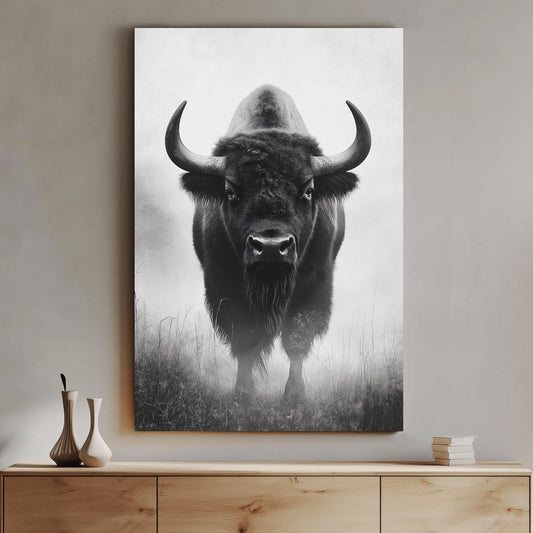 A powerful bison stands in the mist, its form emerging from the fog with a calm yet intense presence. Perfect for modern decor. canvas wall art abstract portrait landscape