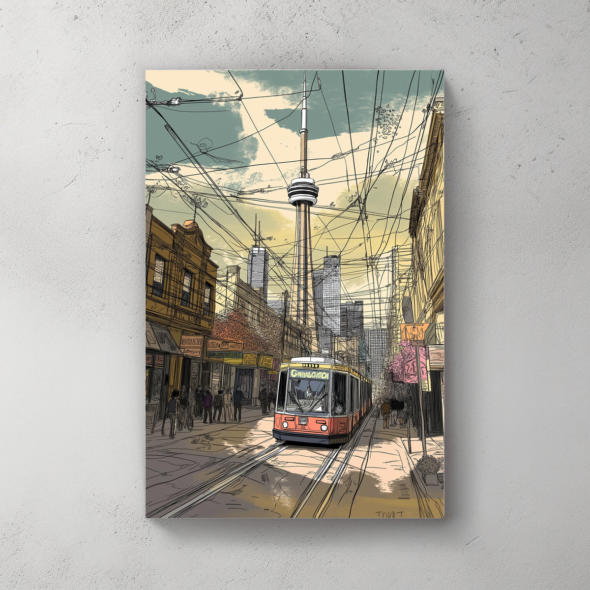 A bustling cityscape in line art style, featuring Toronto's iconic streetcar navigating through the streets. Perfect for modern decor. canvas wall art abstract portrait landscape