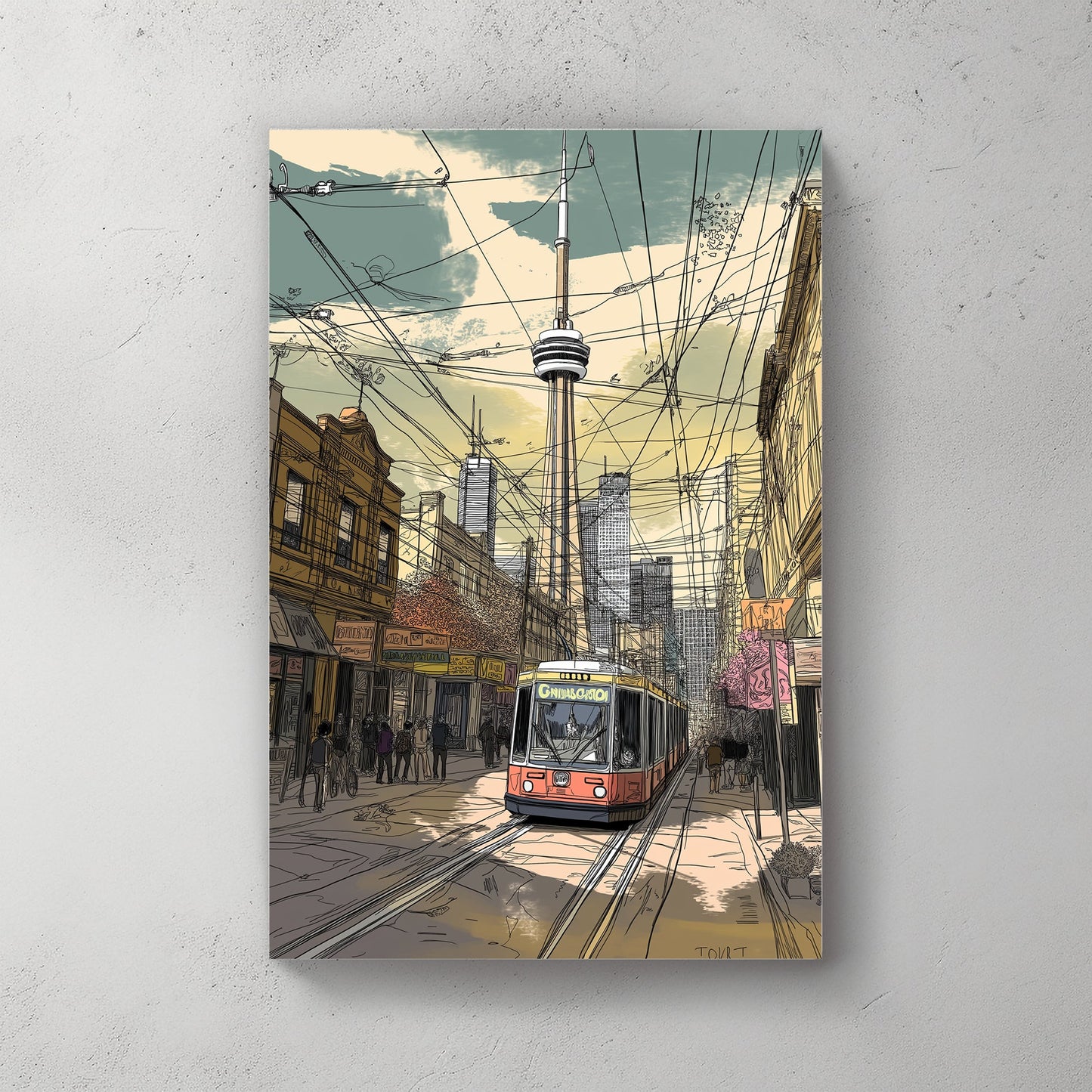 A bustling cityscape in line art style, featuring Toronto's iconic streetcar navigating through the streets. Perfect for modern decor. canvas wall art abstract portrait landscape