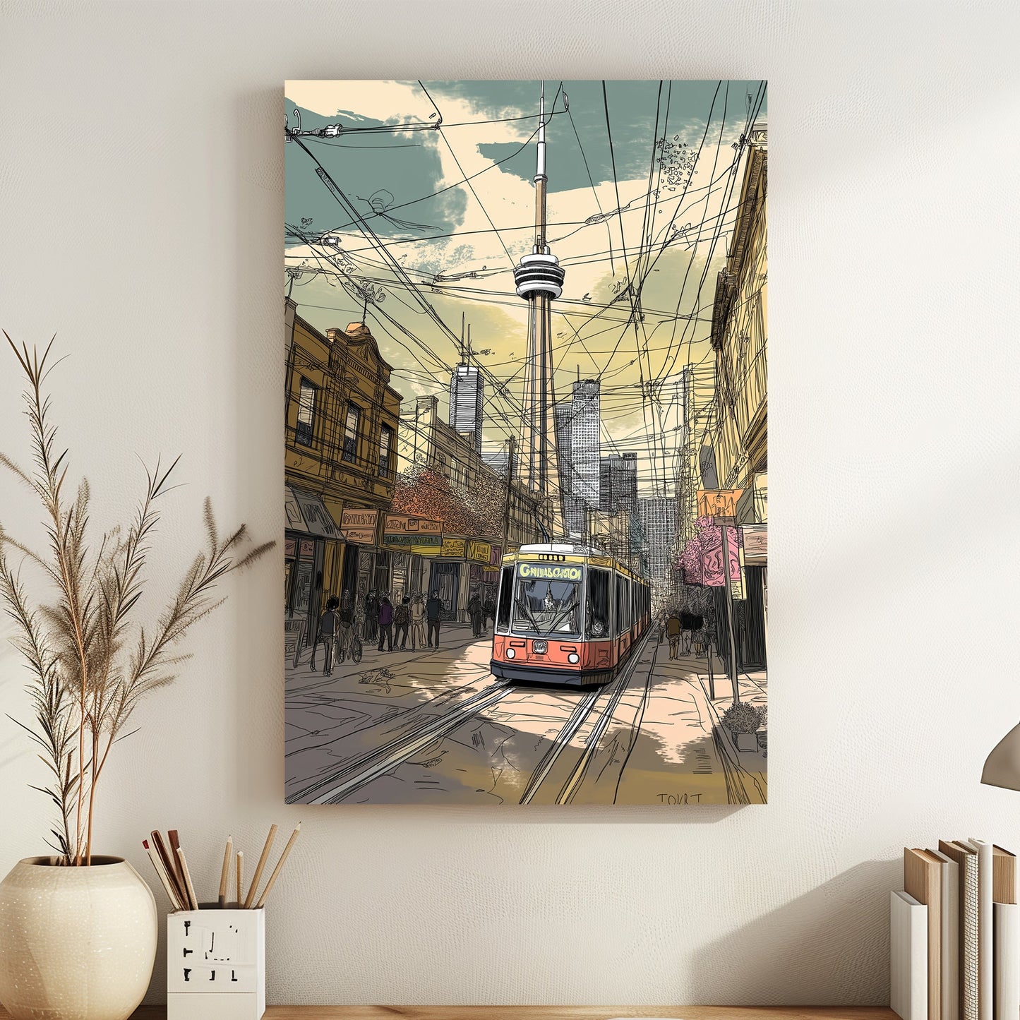 A bustling cityscape in line art style, featuring Toronto's iconic streetcar navigating through the streets. Perfect for modern decor. canvas wall art abstract portrait landscape