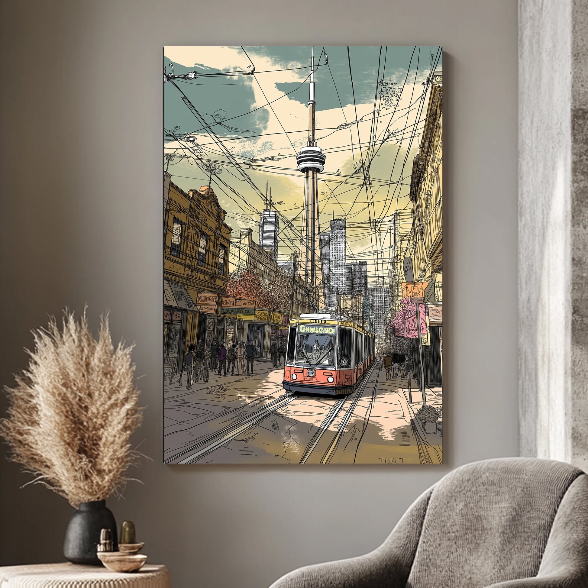 A bustling cityscape in line art style, featuring Toronto's iconic streetcar navigating through the streets. Perfect for modern decor. canvas wall art abstract portrait landscape