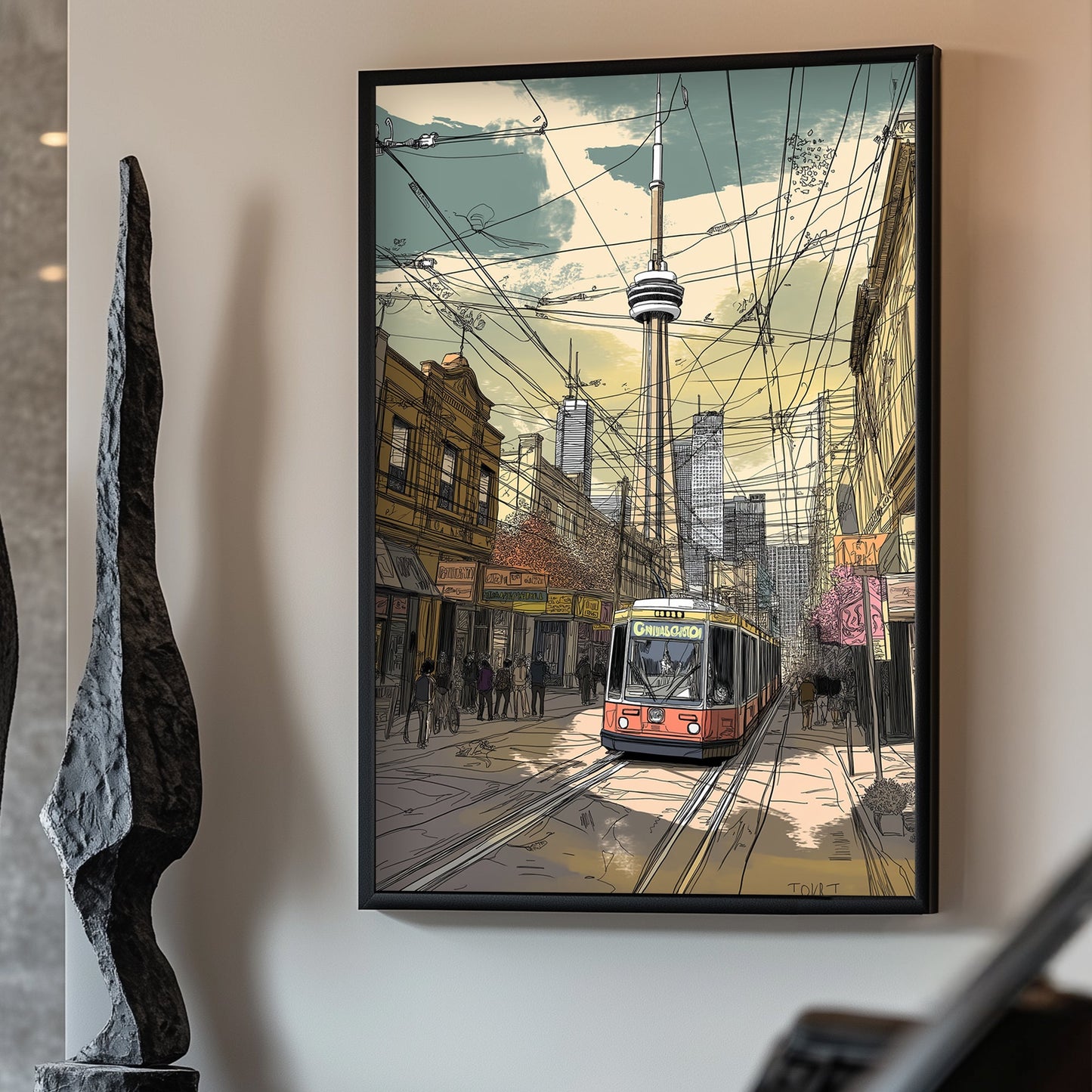 A bustling cityscape in line art style, featuring Toronto's iconic streetcar navigating through the streets. Perfect for modern decor. canvas wall art abstract portrait landscape