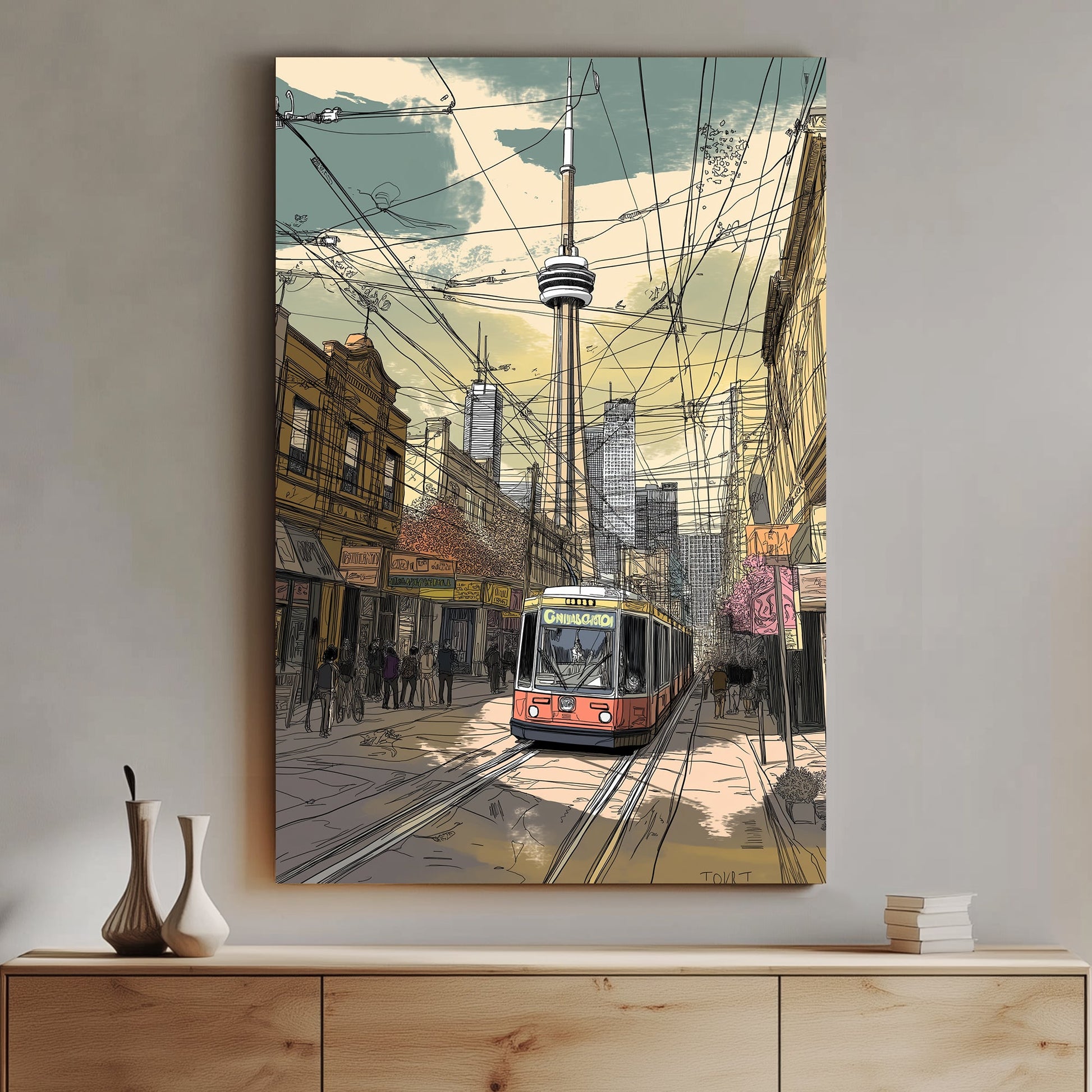 A bustling cityscape in line art style, featuring Toronto's iconic streetcar navigating through the streets. Perfect for modern decor. canvas wall art abstract portrait landscape