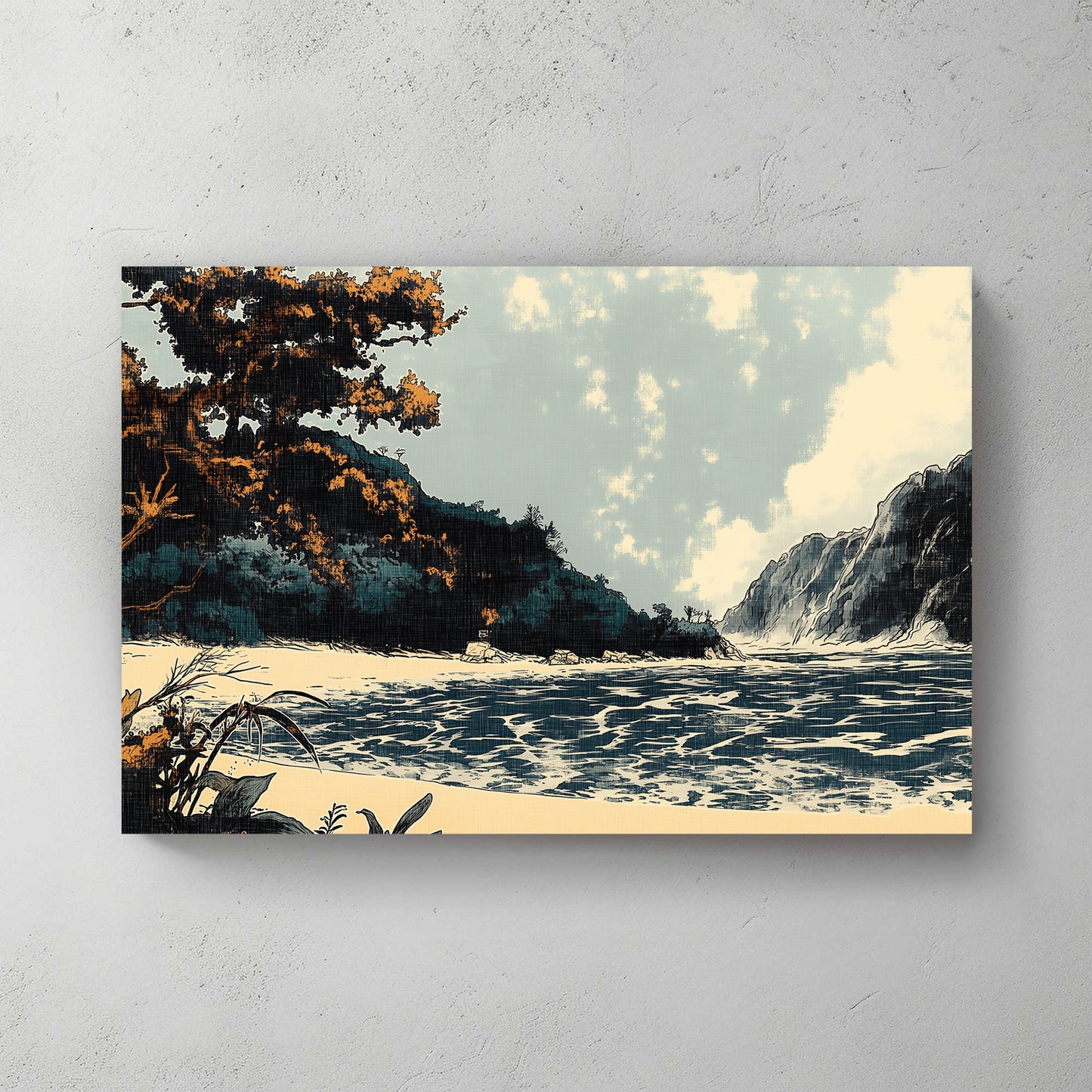 A serene, stylized coastal landscape, where the golden foliage contrasts against the cool blue hues. Perfect for modern decor. canvas wall art abstract portrait