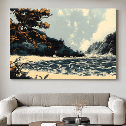 A serene, stylized coastal landscape, where the golden foliage contrasts against the cool blue hues. Perfect for modern decor. canvas wall art abstract portrait