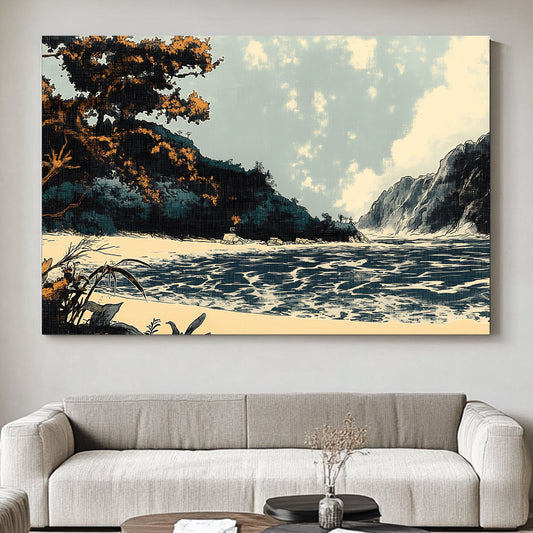 A serene, stylized coastal landscape, where the golden foliage contrasts against the cool blue hues. Perfect for modern decor. canvas wall art abstract portrait