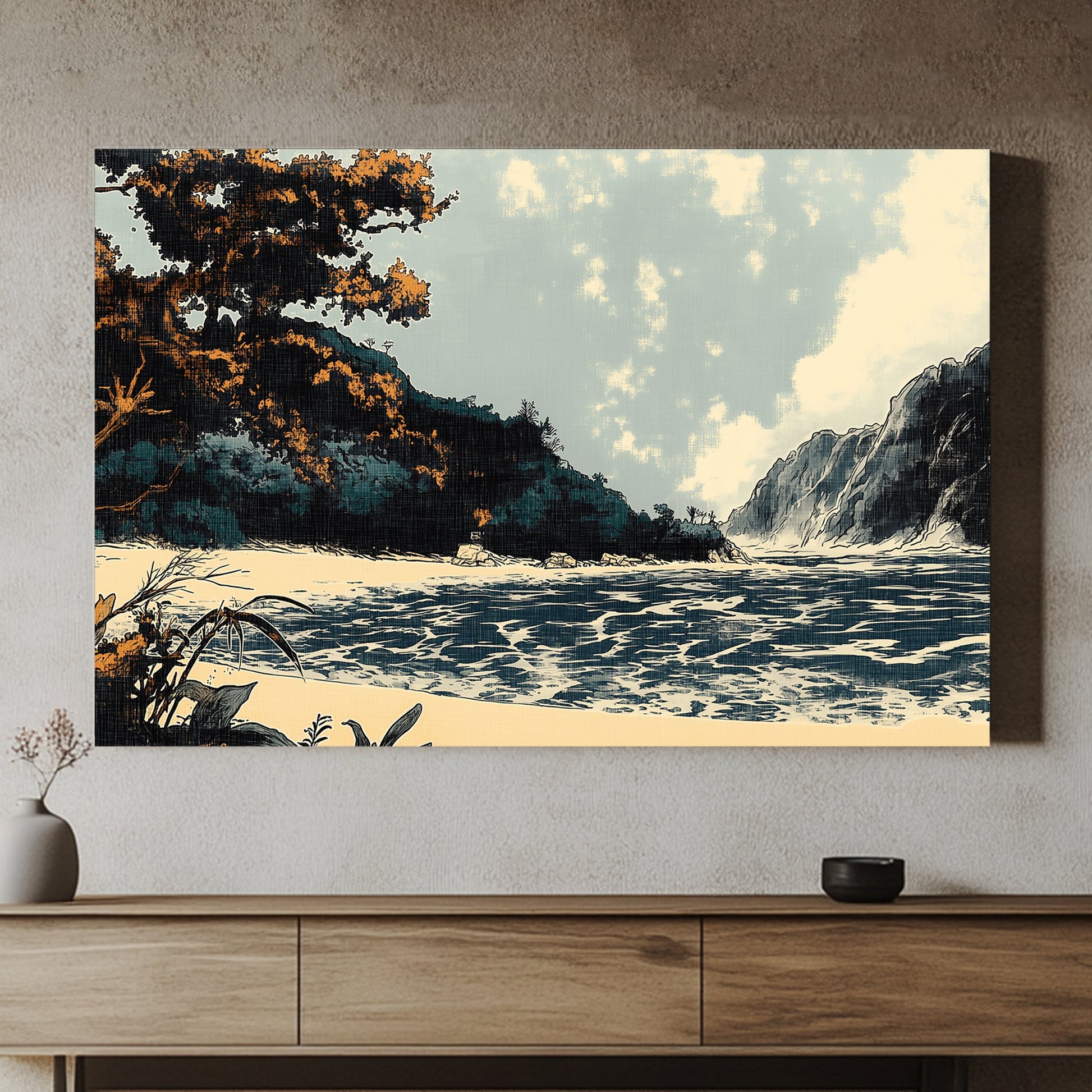 A serene, stylized coastal landscape, where the golden foliage contrasts against the cool blue hues. Perfect for modern decor. canvas wall art abstract portrait