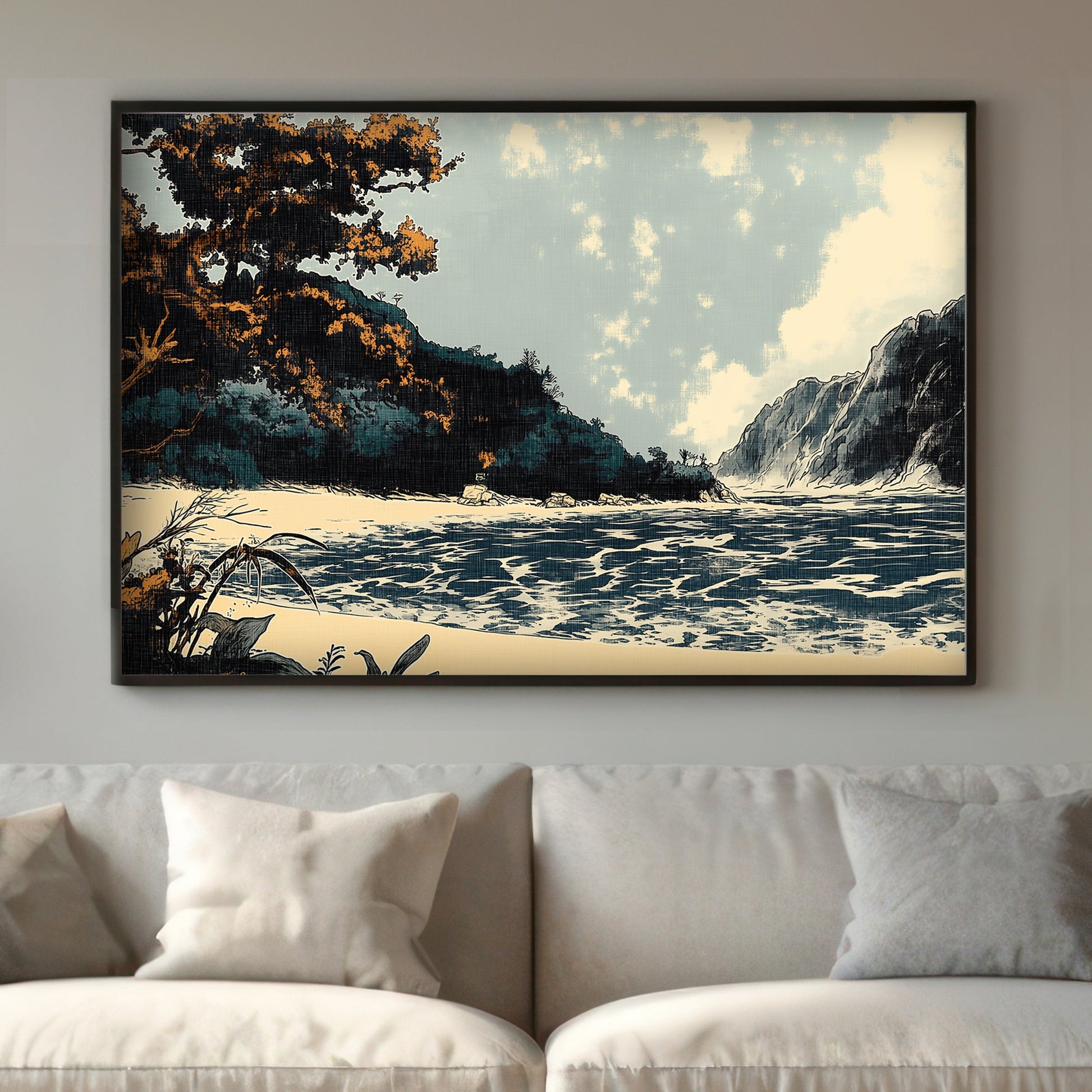 A serene, stylized coastal landscape, where the golden foliage contrasts against the cool blue hues. Perfect for modern decor. canvas wall art abstract portrait