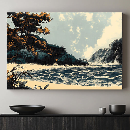 A serene, stylized coastal landscape, where the golden foliage contrasts against the cool blue hues. Perfect for modern decor. canvas wall art abstract portrait